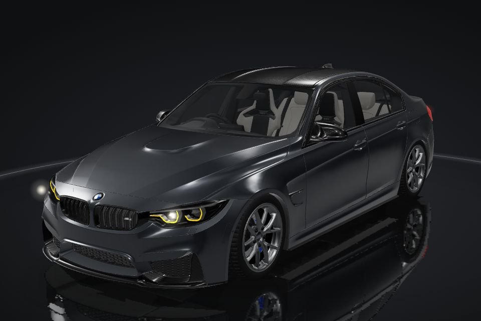 BMW M3 F80 in the app's 3D view, front lights running a show